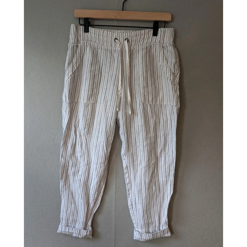 Athleta Women's Linen Jogger Pant White Pinstripe Size 4 Pockets Drawstring Pull